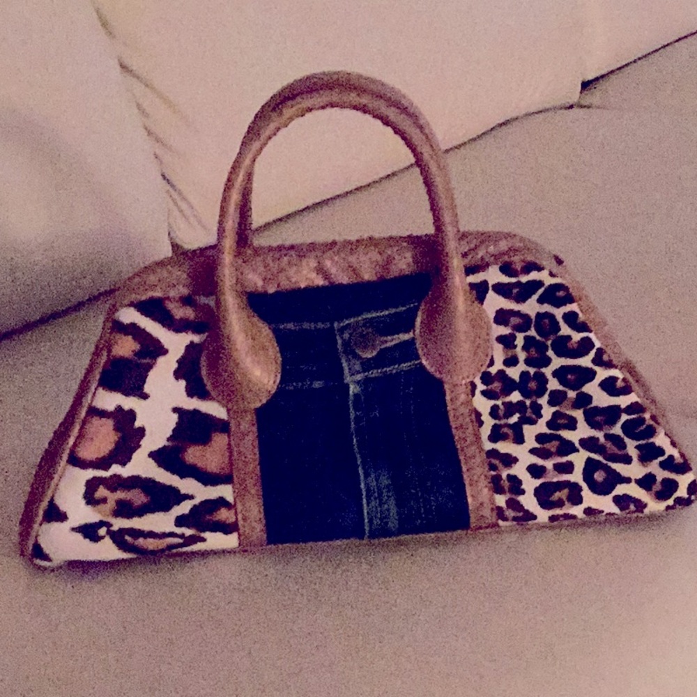 Clever Carriage Company Leather, Calf Hair and Denim Handbag New Condition